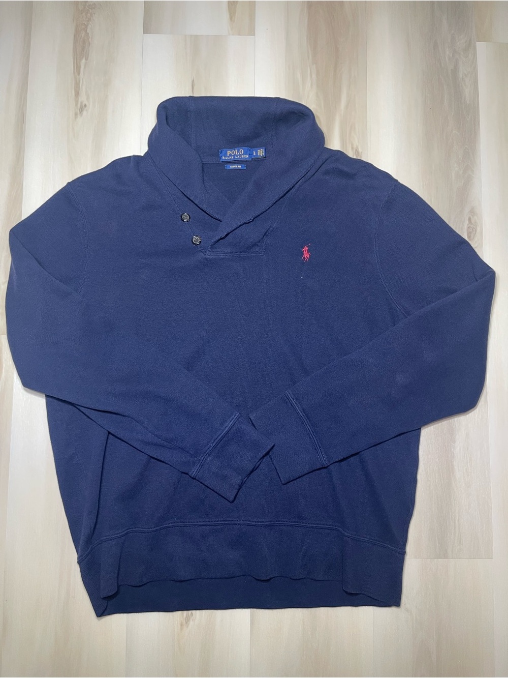 Polo Ralph Lauren Navy Sweater Men’s Sz L Estate Rib L/S Shawl Collar Pullover